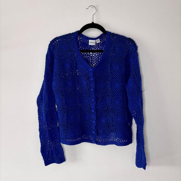 Vintage 1990s Royal Blue Crochet Sweater Haband! Size Large Cotton Blend - Picture 1 of 11